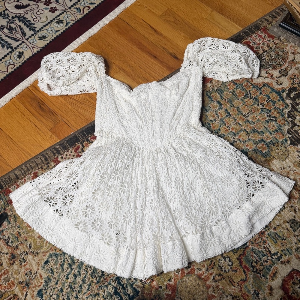 Bardot corset eyelet lace mini dress